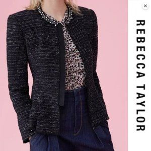 Rebecca Taylor Pearl Embellished Tweed Jacket Blazer Black Sz 8 Style 71…